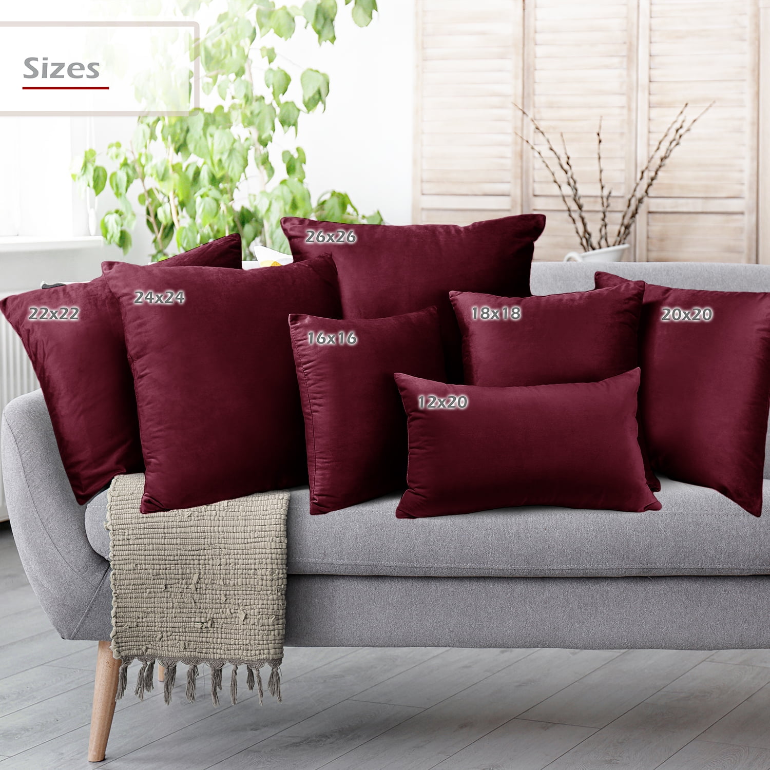 Clara Clark Plush Solid Decorative Microfiber Square Throw Pillow Cover with Throw Pillow Insert for Couch, Red, 22"x22"", 4 Piece Decorative Soft Throw Pillow Set
