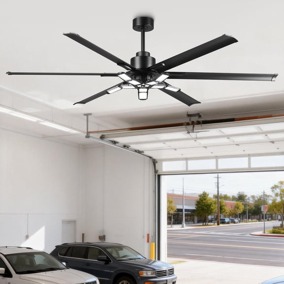 Parrot Uncle 84" Industrial HVLS LED Ceiling Fan with 100W Foldable Light, Remote Control, Black Aluminum Blades, 6-Speed DC Motor, 10"/24" Downrod
