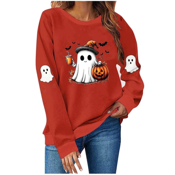 Women Halloween Sweatshirt Cute Ghost Graphic Pullover Top Funny Pumpkin Print Crewneck Spooky Season