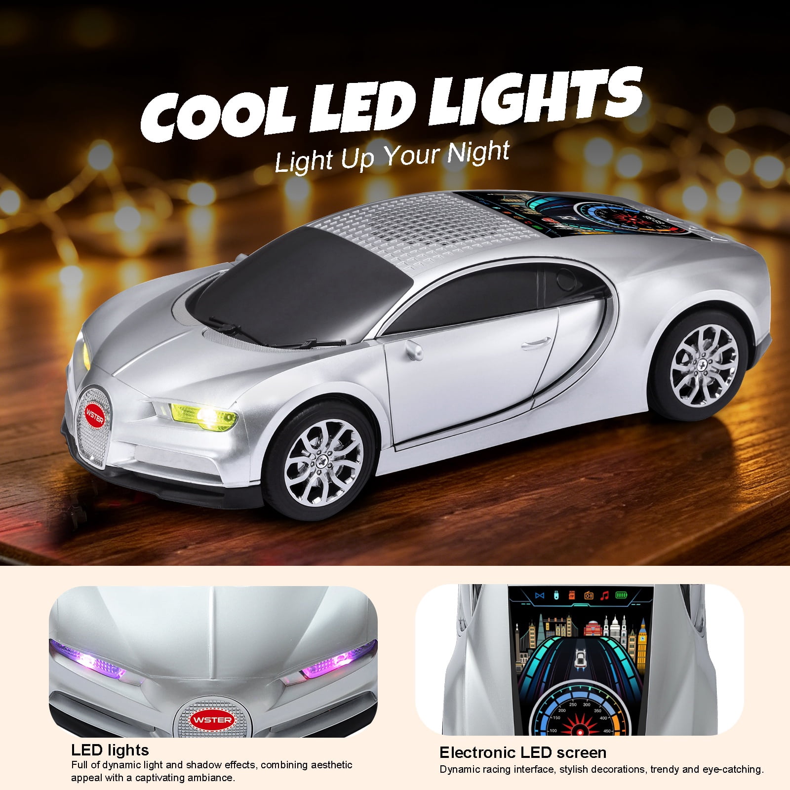 WSTER WS-660 portable Bluetooth speaker is a cool, car-shaped wireless speaker with LED lights, an FM radio, and TF card support.Suitable for desktop decorations/computer use/outdoor use/party use