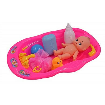 Elvozvets Baby Doll Bath Time Set Girls Pretend Play Bath Tub Toys Games Kids Christmas Birthday Gift Featuring 6 Doll Bath