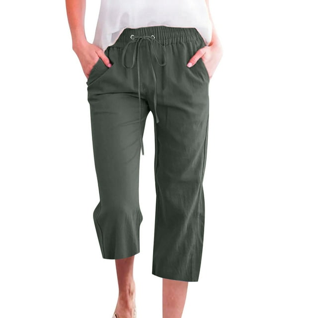 MAWCLOS Pantalon Capri Court Taille Haute pour Femme, Vert Armée, 3TG