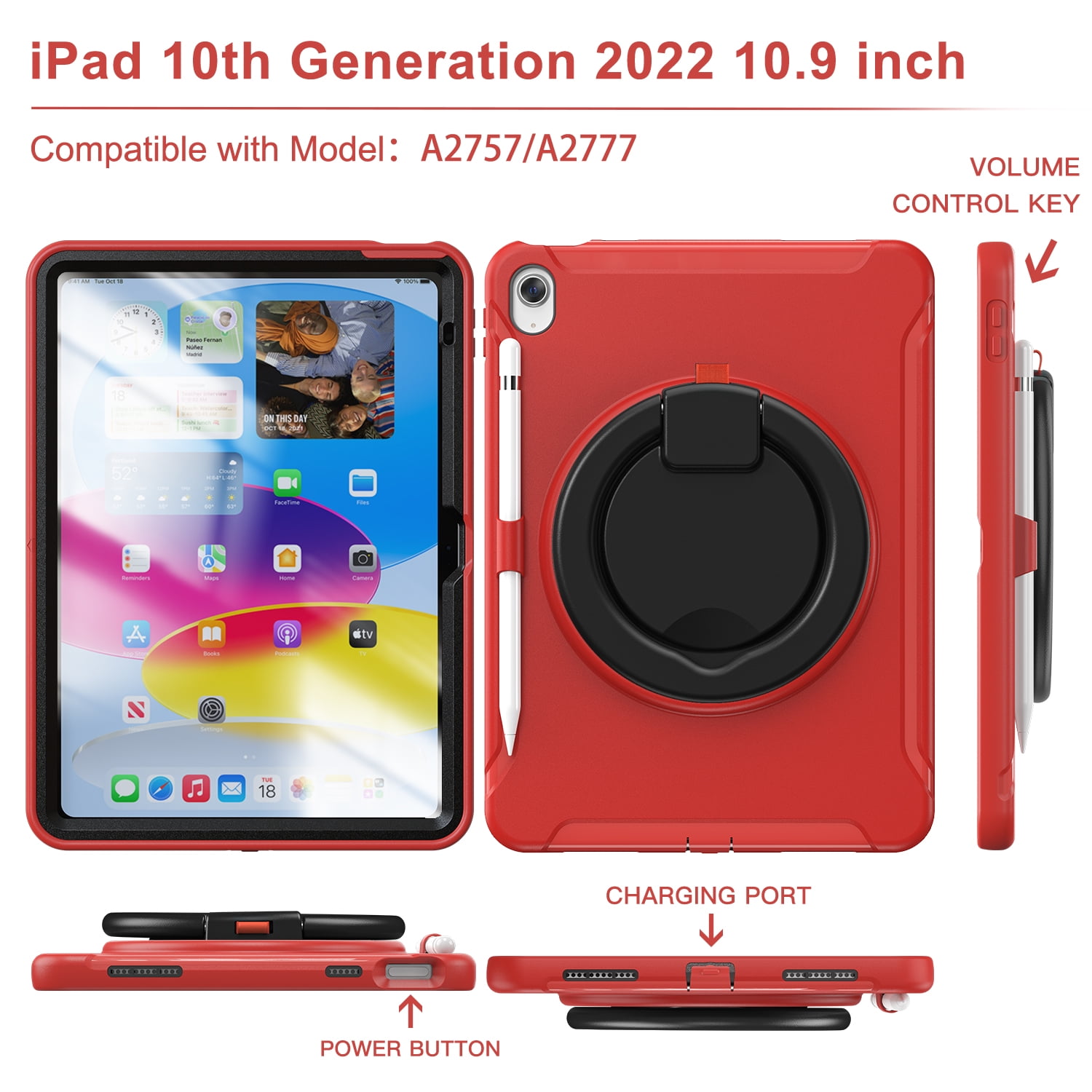 TECH CIRCLE for Apple iPad 10th Generation Case 10.9 inch 2022,360 Rotation Stand Heavy Duty Shockproof Rugged Soft Silicone Protective Case with Pencil Holder for Kids Girls Women,Red