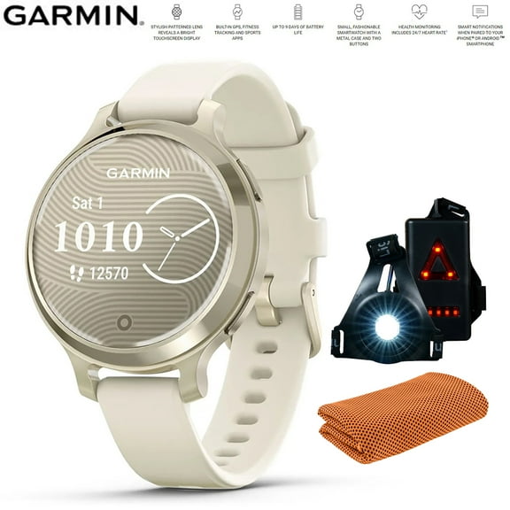 Garmin 010-02891-00 Lily 2 Active Smartwatch Lunar Gold with Bone Silicone Band Bundle with Workout Cooling Sport Towel and Deco Essentials Wearable Commuter Front and Rear Safety Light