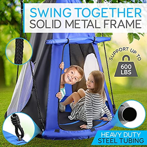 40” Hanging Tree Play Tent Hangout for Kids Indoor Outdoor Flying Saucer Floating Platform Swing Treepod Inside Outside House Canopy - Includes Hammoc