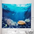 thumbnail image 1 of Underwater Tapestry, Pearl in a Scallop Swimming Fishes Shark Trout Deep Ocean Reefs, Fabric Wall Hanging Decor for Bedroom Living Room Dorm, 5 Sizes, Dark Sky Blue and Amber, by Ambesonne, 1 of 1