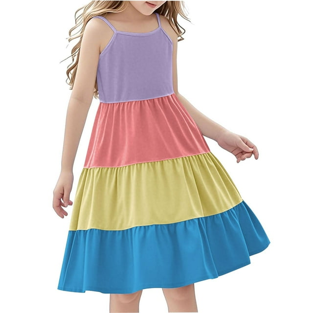 Tranfacy Robe d'Été pour Jeunes Filles, Robe Bohème pour Filles, Mode Filles Col Rond Sans Manches Patchwork Robe Confortable d'Été Décontractée