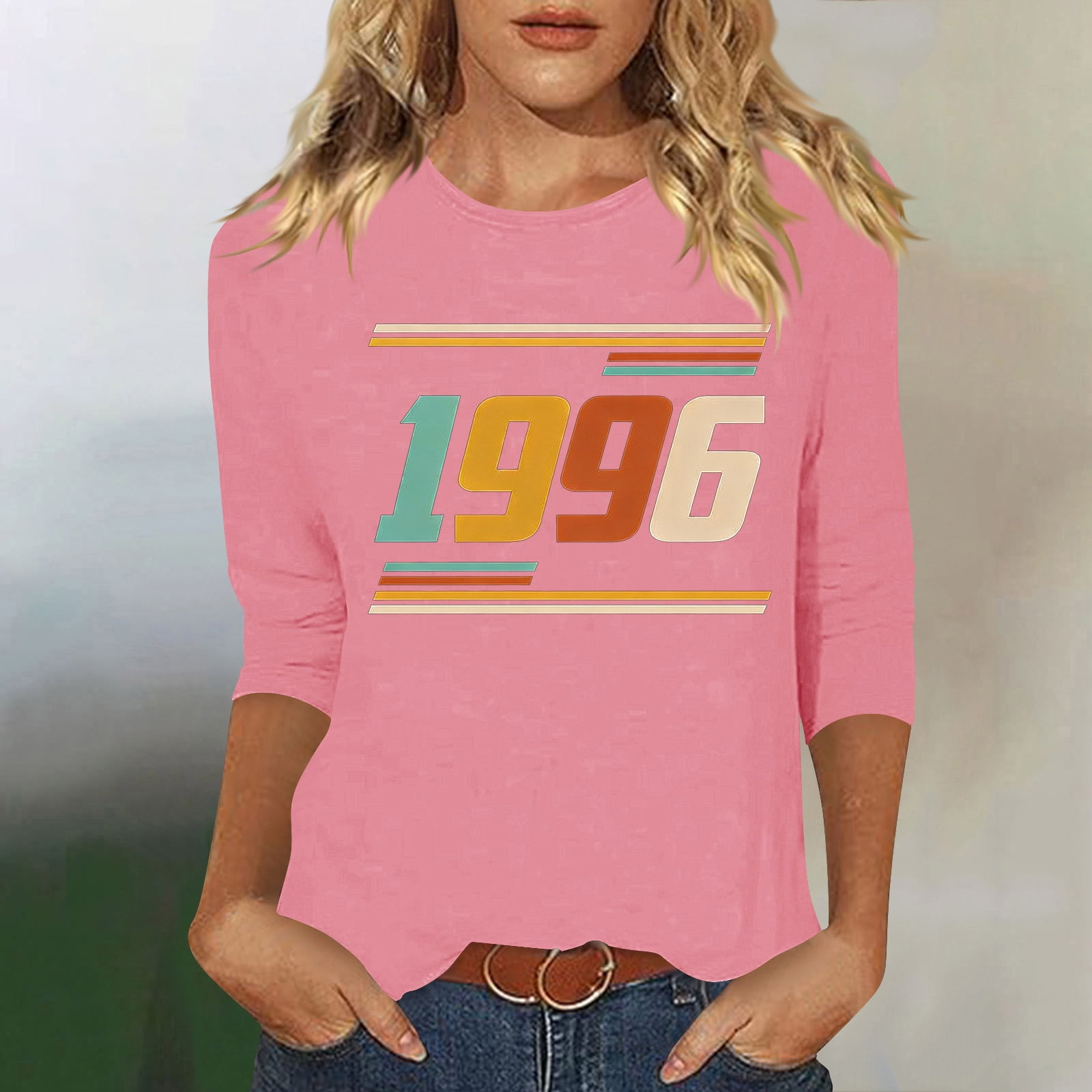 HOMBOM Womens 3/4 Sleeve Tops Graphic T-Shirts Pink Basic Retro 1996 Print Graphic Tees for Ladies Crew Neck