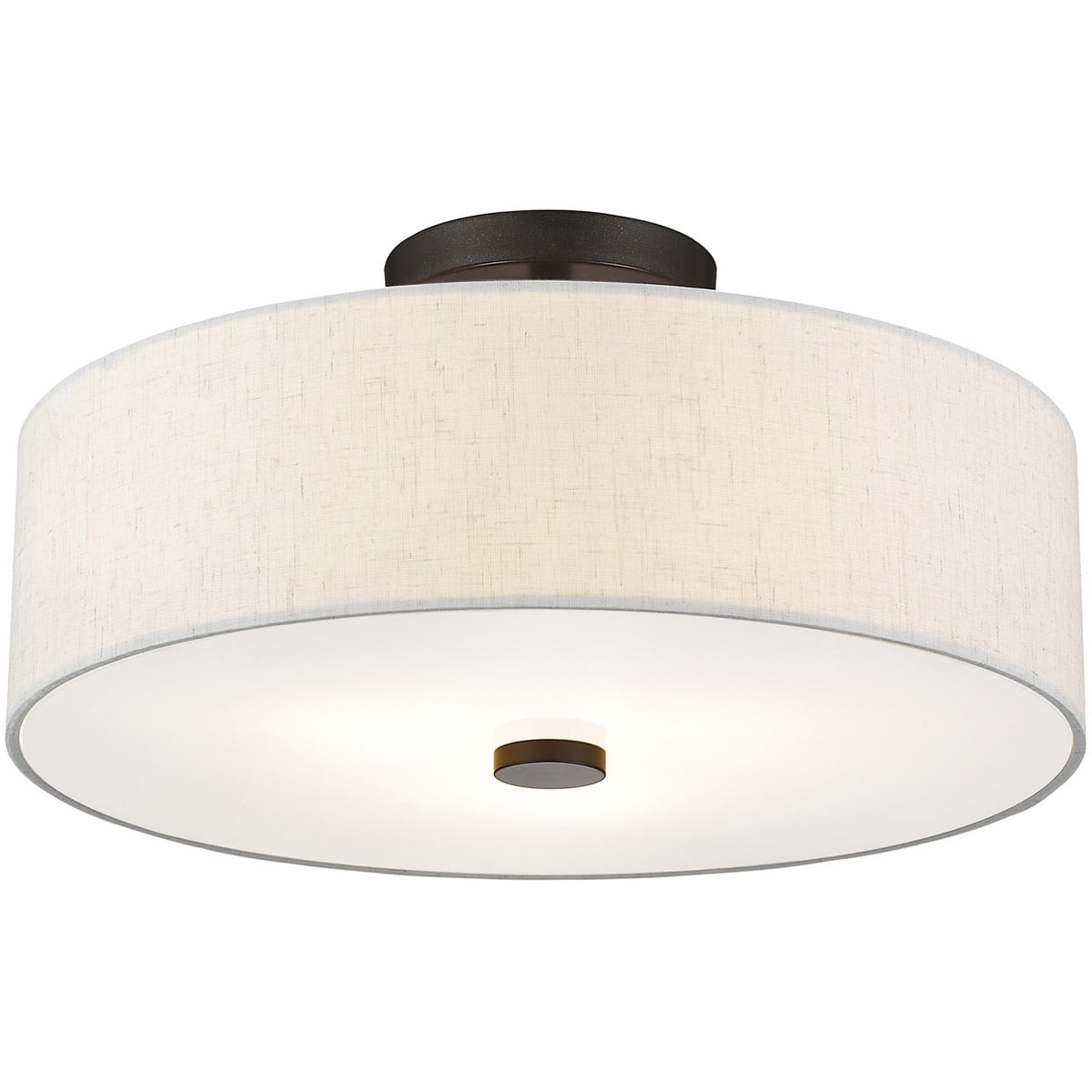 3 Light English Bronze Ceiling Light fixture with Hand Crafted Oatmeal Color Fabric Hardback Shade