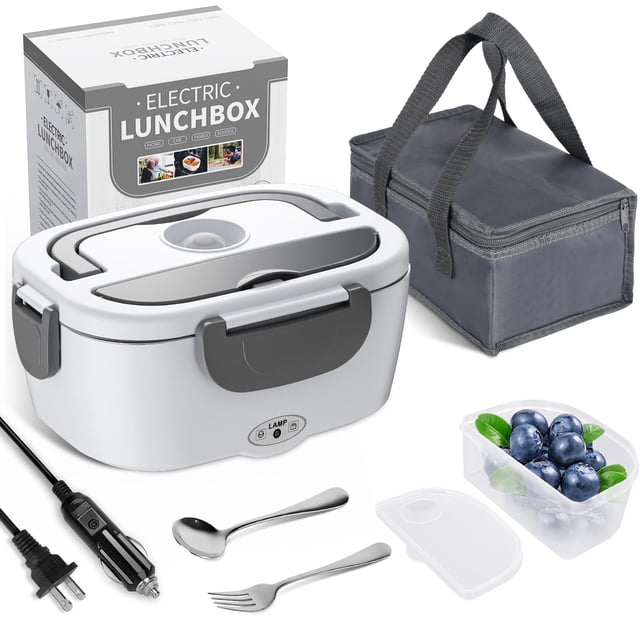 Caja de Almuerzo Eléctrica Herrfilk, Calentador de Comida 3 en 1 Ultra Rápido para Adultos, Calentador Portátil 12V/24V/110V para Auto/Camión/Oficina con Tenedor, Cuchara y Bolsa Térmica