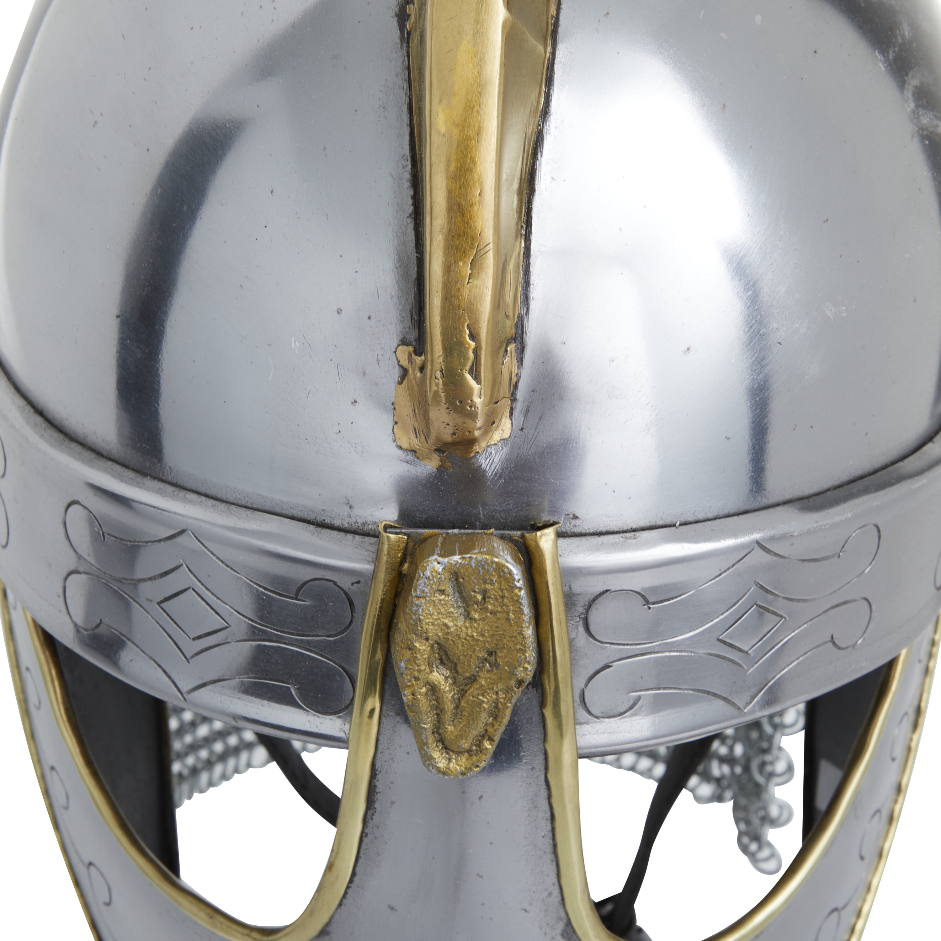 17" Silver Metal Replica Medieval Knight Crusader Helmet with Black Wood Stand and Chainmail, by DecMode