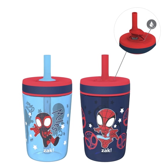 Zak Designs 15oz Marvel Spider-Man Kelso Travel Straw Tumbler Plastic and Silicone with Leak-Proof Straw Valve for Kids, 2pcs Set, Spidey and His Amazing Friends