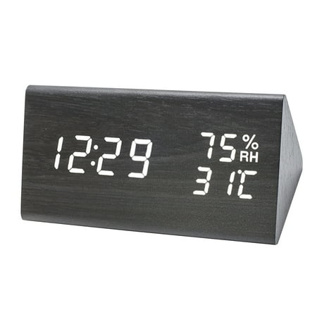 

Suzicca LED Wood Digital Alarm with Day Date Temperature Humidity 3 Brightness Voice Control Indoor Thermometer Hygrometer for Bedside Desk Greenhouse Garden Cellar