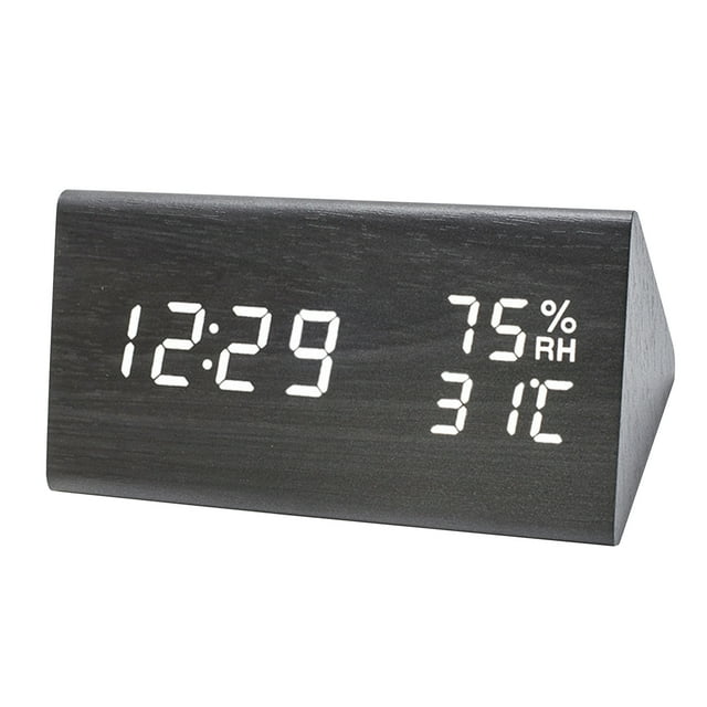 Mistaha LED Wood Digital Alarm with Day Date Temperature Humidity 3 Brightness Voice Control Indoor Thermometer Hygrometer for Bedside Desk Greenhouse Garden Cellar
