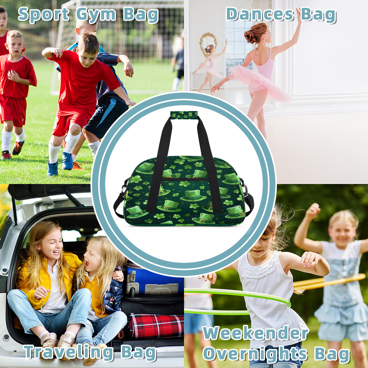 Herdesigns St Patricks Day Shamrock Luck Hat Sports Duffle Bag for Women & Men, Gym Bag Dance Bag Overnight Bag Carry On Weekender Travel Bag