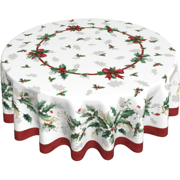 Christmas Round Tablecloth 60 Inch Red White Green Winter Xmas Floral Holly Flower Leaf Print Decorative Table Cloth Farmhouse for Holiday Seasonal Parties Dining Table Living Room Kitchen Decor