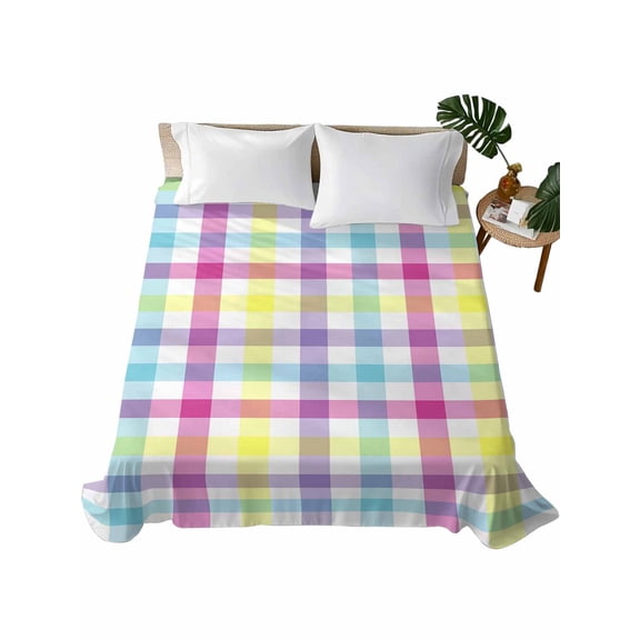 Queen Size Flat Sheet Only, Spring Easter Checkered Soft Brushed Microfiber Bed Sheets, Colorful Buffalo Plaid Hotel Quality Breathable Bedding Top Sheet, Easy Care, 90"x102"
