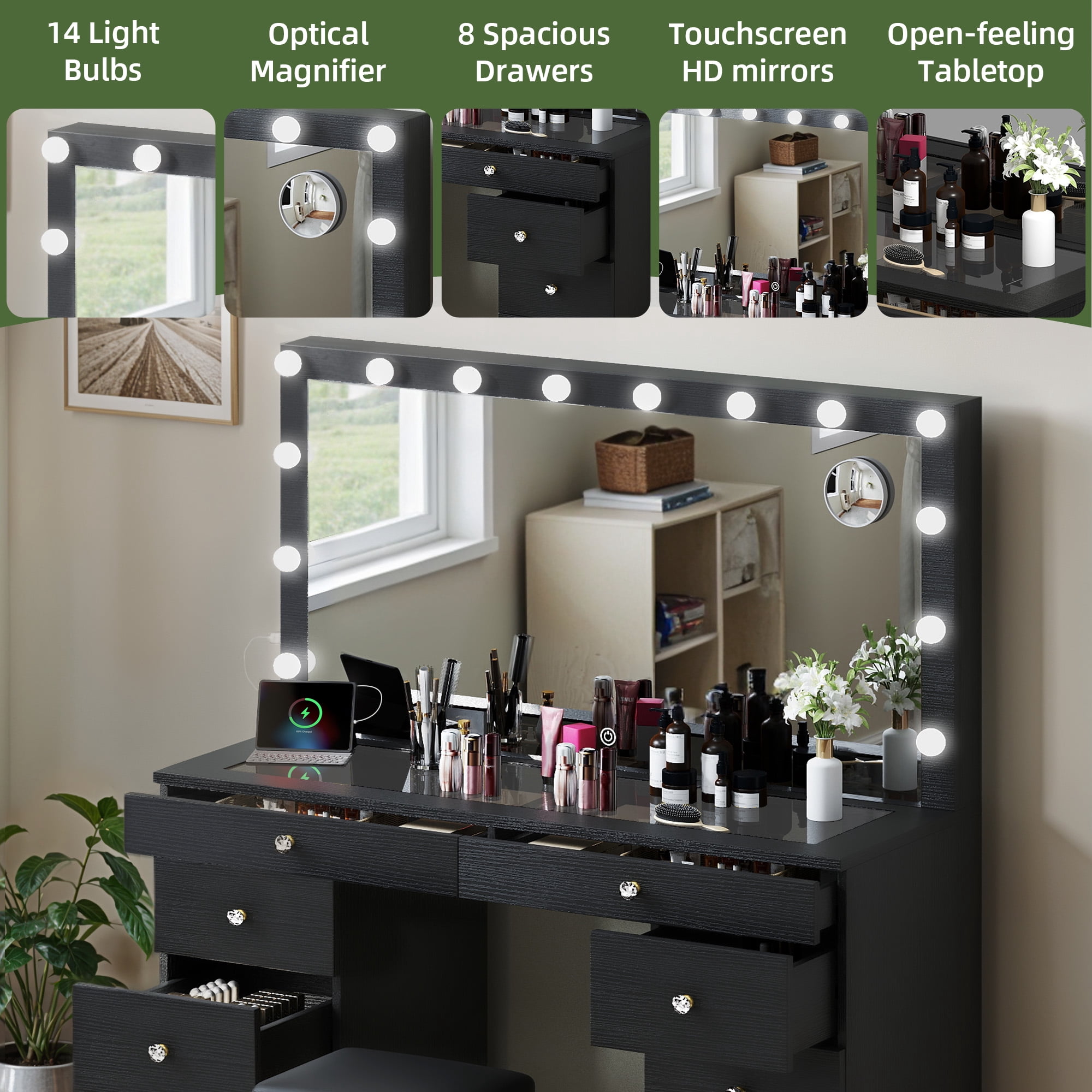 Uforic Makeup Vanity Desk with Glass Top, Lights (14 LED Bulbs), Charging Station,Makeup Dressing Table Set with Stool & 8 Drawers - Black