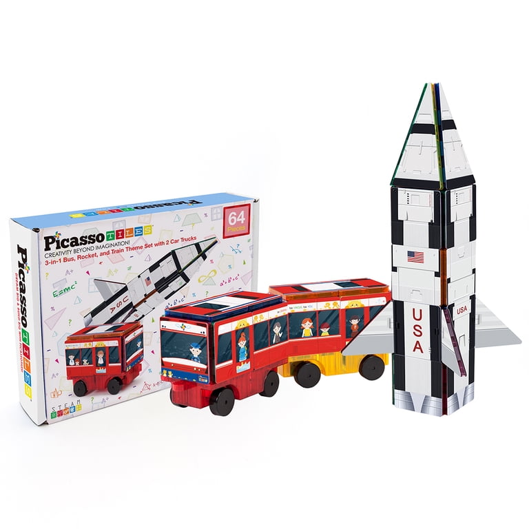 Magnetic Tile Building Blocks 64-Piece Set with Vehicles photo 6
