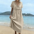 thumbnail image 5 of Kilaqueen Women's Lace Trim V-Neck Midi Dress Short Sleeve High Waist Casual Elegant Flowy Dress Boho Beach Eyelet Long Dresses, 5 of 9