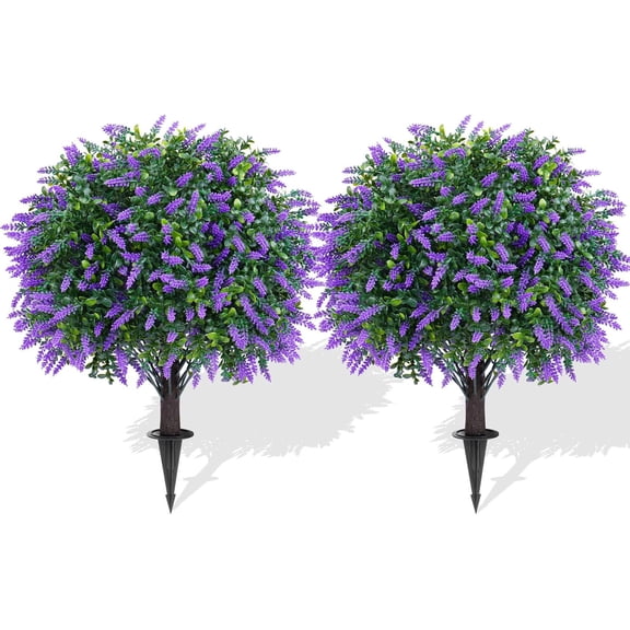 Outdoor Artificial Lavender Topiary Ball Trees (Set of 2) - 26in UV-Resistant Fake Plants with Ground Spike for Garden, Patio, Porch Decor