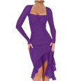 thumbnail image 5 of bbyeadc Dresses for Women Square Neck Long Sleeve Midi Dresses Mesh Ruched Ruffle Hem Night Out Party Sexy Cocktail Dress (Purple, M), 5 of 7