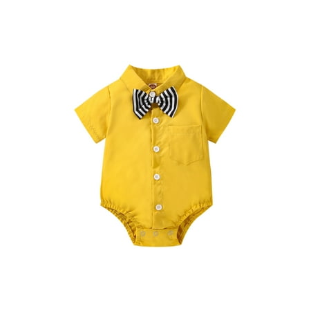 

Woshilaocai Infant Baby Boy Romper Tops Short Sleeve Lapel Casual Party Chest Pocket Buttons Bodysuit with Bow Tie
