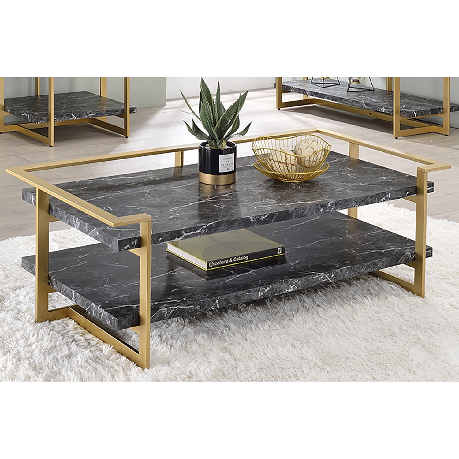 Furniture of America Denoa Faux Marble Top Coffee Table, Black