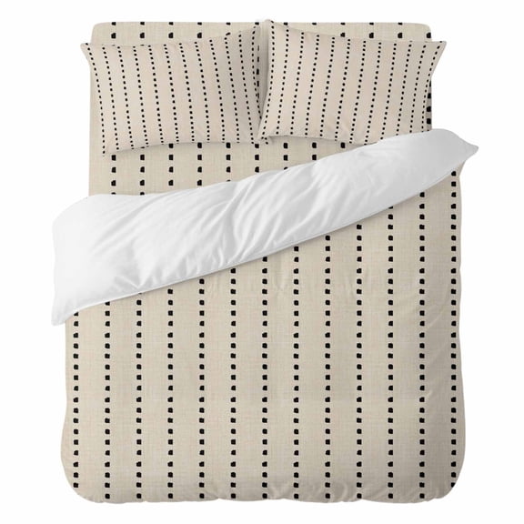 Duvet Cover Set California king Size 4 Pieces, Farmhouse Black Dotted Line Comforter Cover Soft Bedding Sets, Rustic Beige Burlap Linen Bed Set Include 1 Duvet Cover, 2 Pillow Shams, 1 Bed Sheet
