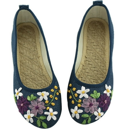

Kupretty Womens Linen Walking Shoes Embroidery Closed Toe Beijing Cloth Shoes