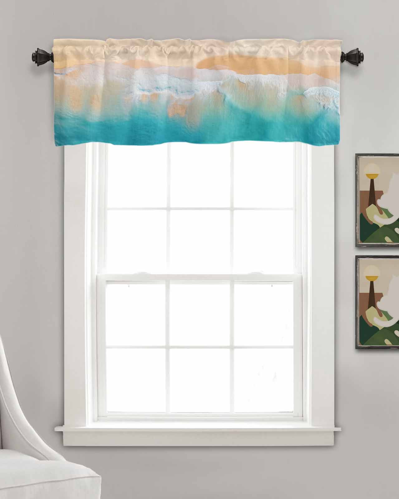 Turquoise Ocean Linen Curtain Valance for Bedroom/Bathroom/Kitchen/Office/Living/Dining Room Windows,Nautical Coastal Seaside Wave Smear Art Pocket Topper Drapes Decorative Cafe Drapery Panel 54x18