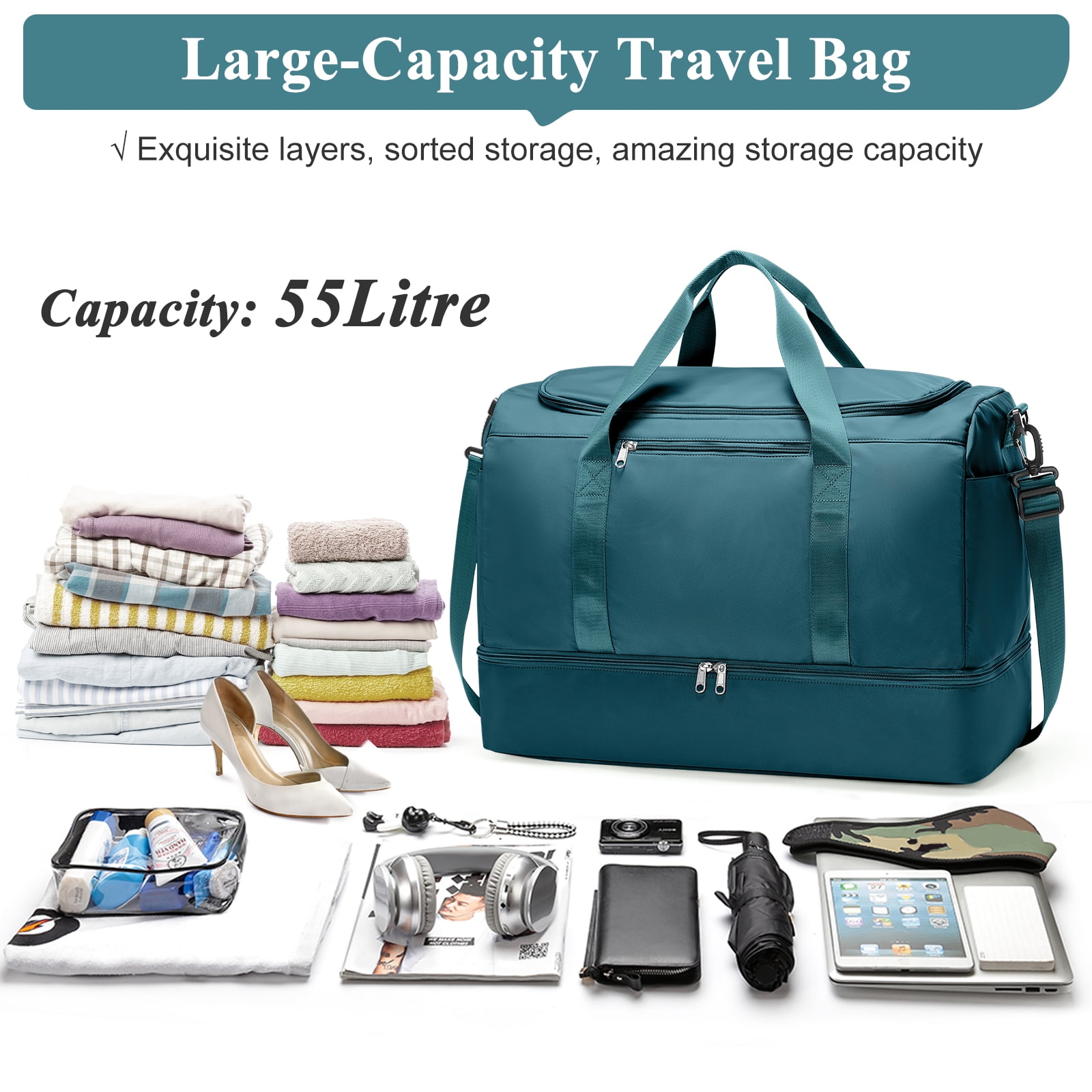 SYCNB Large Travel Duffel Bag, Weekender Overnight Bag for Women, Gym Tote Bag with Shoe Compartment, Carry-On Weekend Bag for Women with Wet Pocket for Travel Business, Peacock Blue