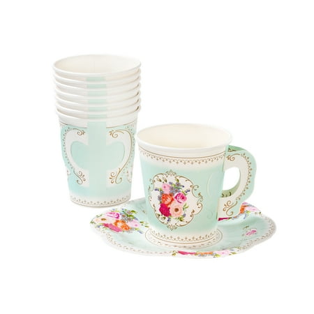 Floral Cup Saucer Set - Paper Cup With Handle Saucers Set (12 Count)