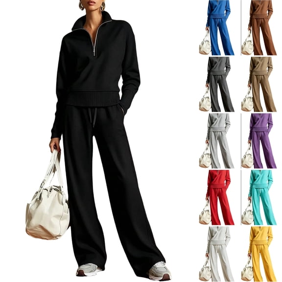 WULMLEO Womens Two Piece Sets Knit Fall Quarter Zip Long Sleeve Pullover Wide Leg Palazzo Pants Tracksuit 2026 Casual Cozy Outfits Trendy Suits with Pockets Black XL