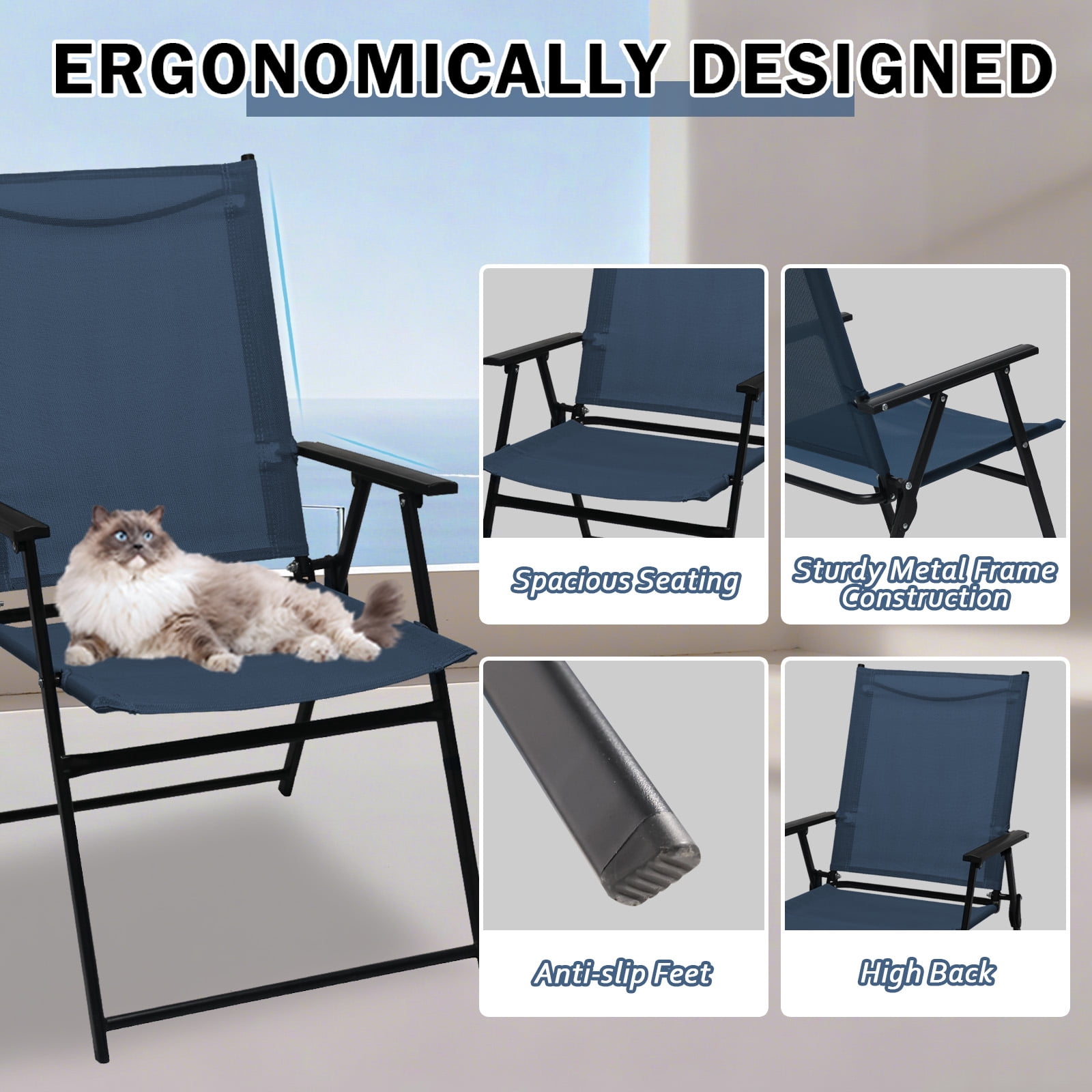 Set of 4 Outdoor Folding Chairs, Portable Patio Dining Chairs with Armrests & High Back, Sturdy Steel Frame for Garden, Lawn, Poolside, Camping (blue)