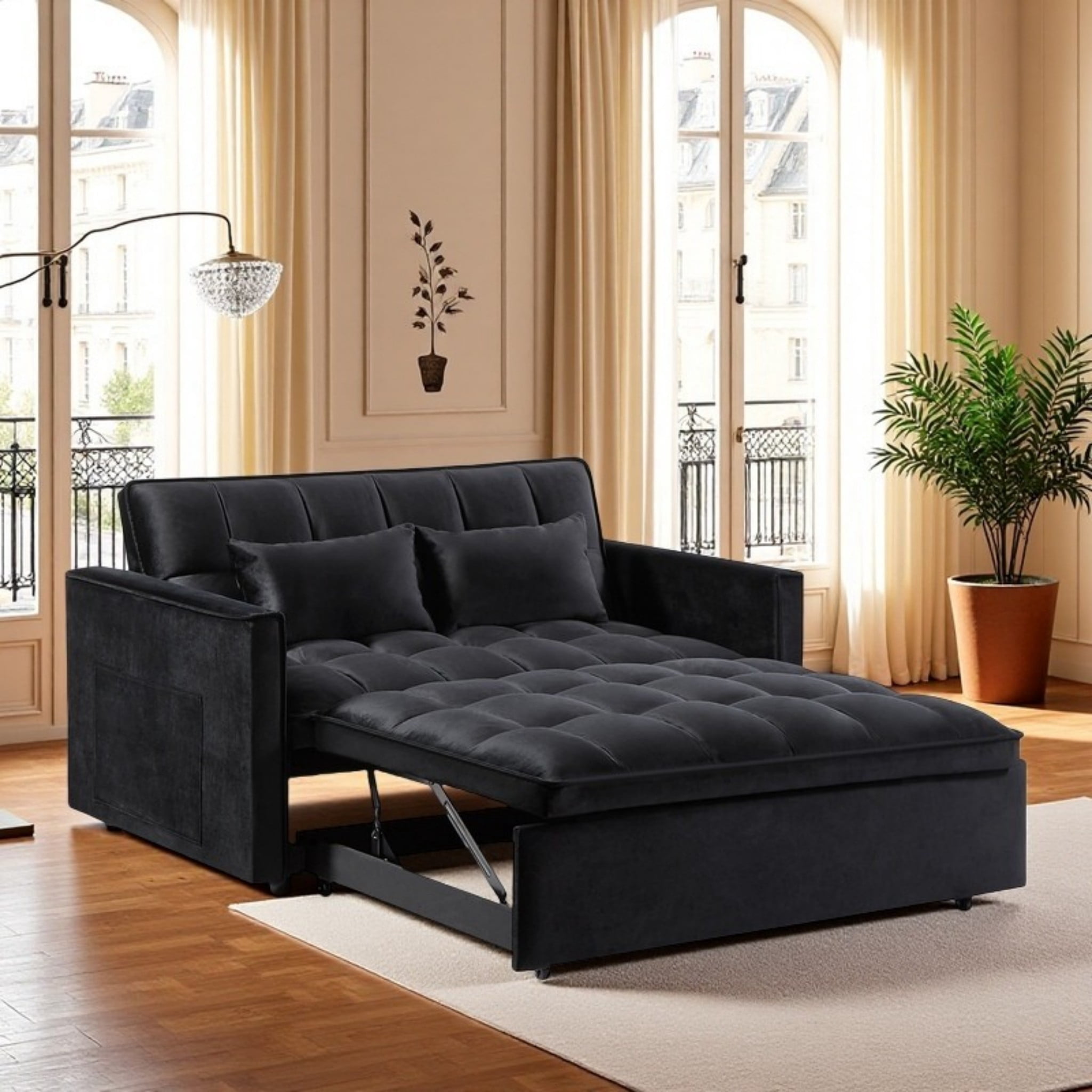 BSHTI 54" Pull-Out Sleeper Sofa Bed – Converts to Twin Size Bed with 3 Adjustable Angles, Velvet Upholstery, Solid Wood Frame, Side Pocket Storage, 2 Pillows Included,Black