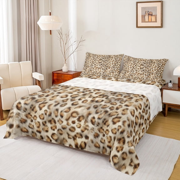 Homewish Teens Leopard Cheetah Print 3pcs Twin Sheet Sets,Abstract Geometric Twin Fitted Sheet,Animal Print Breathable Flat Sheet,Luxury Bedroom Decor