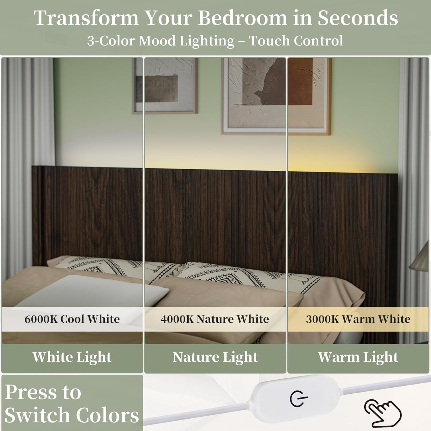 Queen Size Headboard Only, Modern Fluted Wall-Mounted Head Board with Lighting, Boho Wood Bed headboard Stylish Bedroom Decor, Espresso
