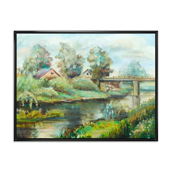 Rustic Landscape With Bridge On The River 20 in x 12 in Framed Painting Canvas Art Print, by Designart
