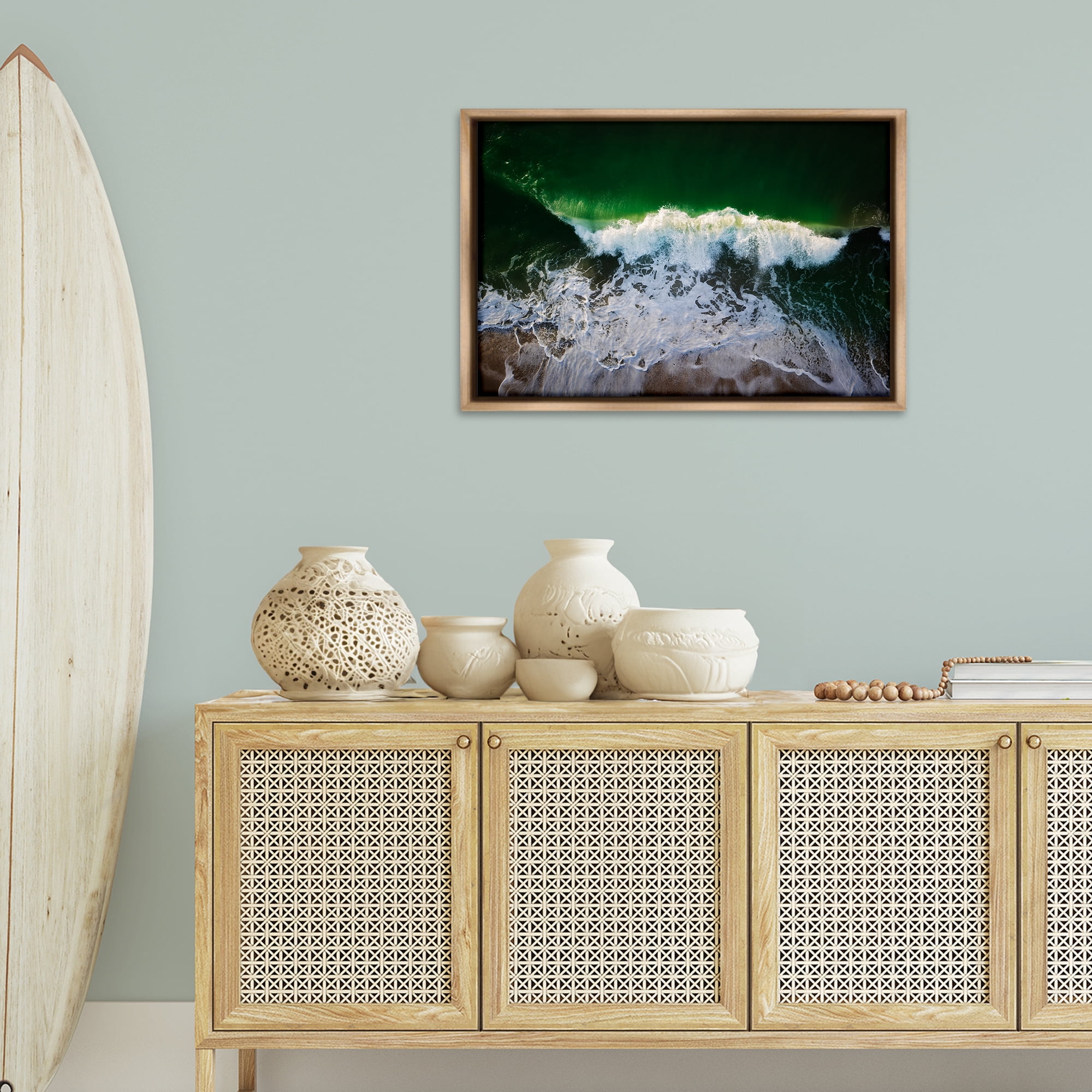 Stupell Industries Deep Green Wave Splash Nautical & Beach Photography Brown Floater Framed Canvas Art Print Wall Art, 31 x 21