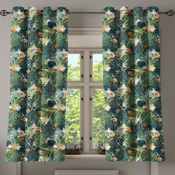 Ambesonne Hawaii Grommet Curtain, Colorful Polynesia Plant, 50" x 54", Jade Green Fern Green