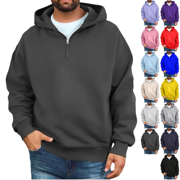 GrmtClth Mens Plain Quarter Zip Hoodies Soft WarmFabric Half Zip Neck Hooded Sweatshirt Long Sleeve Convenient Storage Pocket Tops Gray M