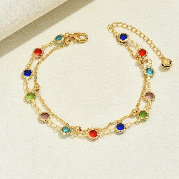 Real 18K Gold Plated Fashionable Brass Cubic Zirconia Double Layer Anklet for Women Colorful Trendy Casual Style