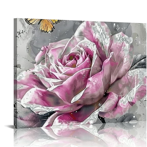 Fenyluxe Pink Rose Flower Wall Art Paintings Floral with Butterfly Prints on Grey Canvas Picture Wall Decoration Framed Trendy Gold and Pink Bathroom Bedroom Decor Artwork 20x16 in/16x12 in 20x16in