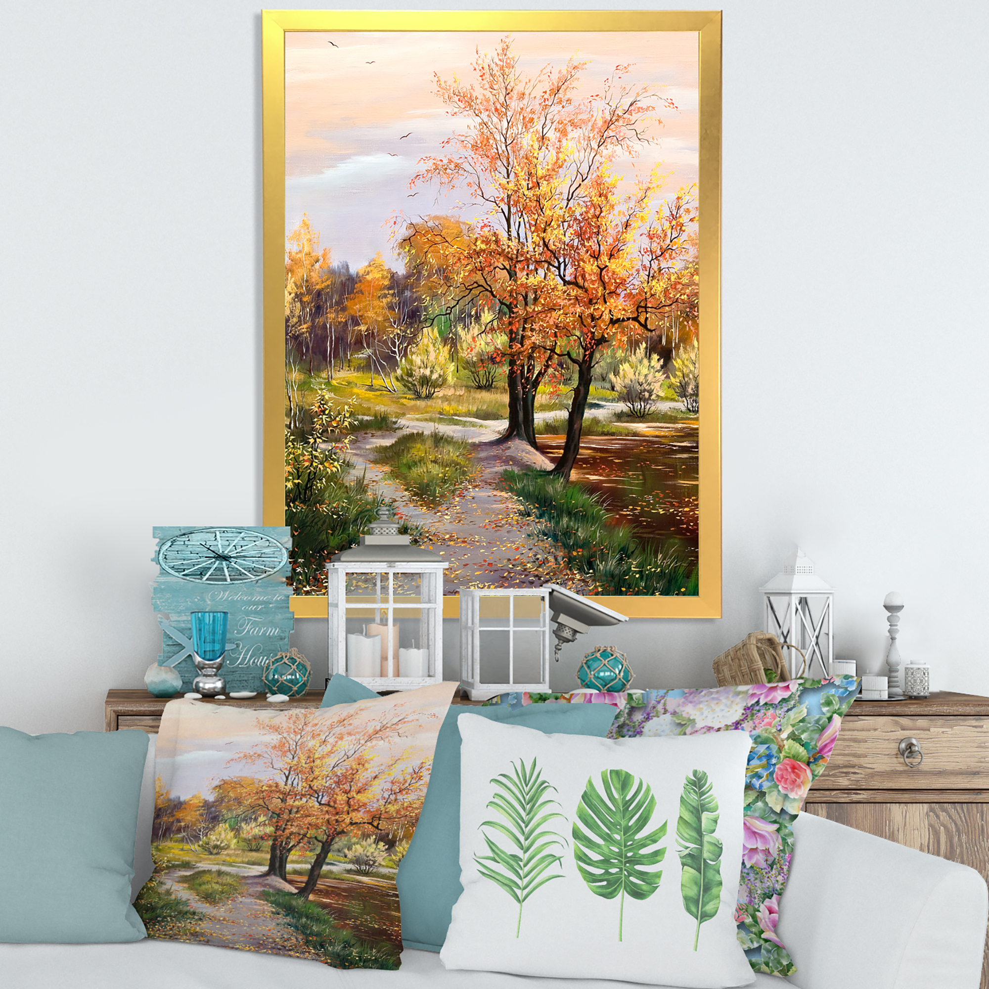 Designart 'The Orange Woods Along River' Country Framed Art Print