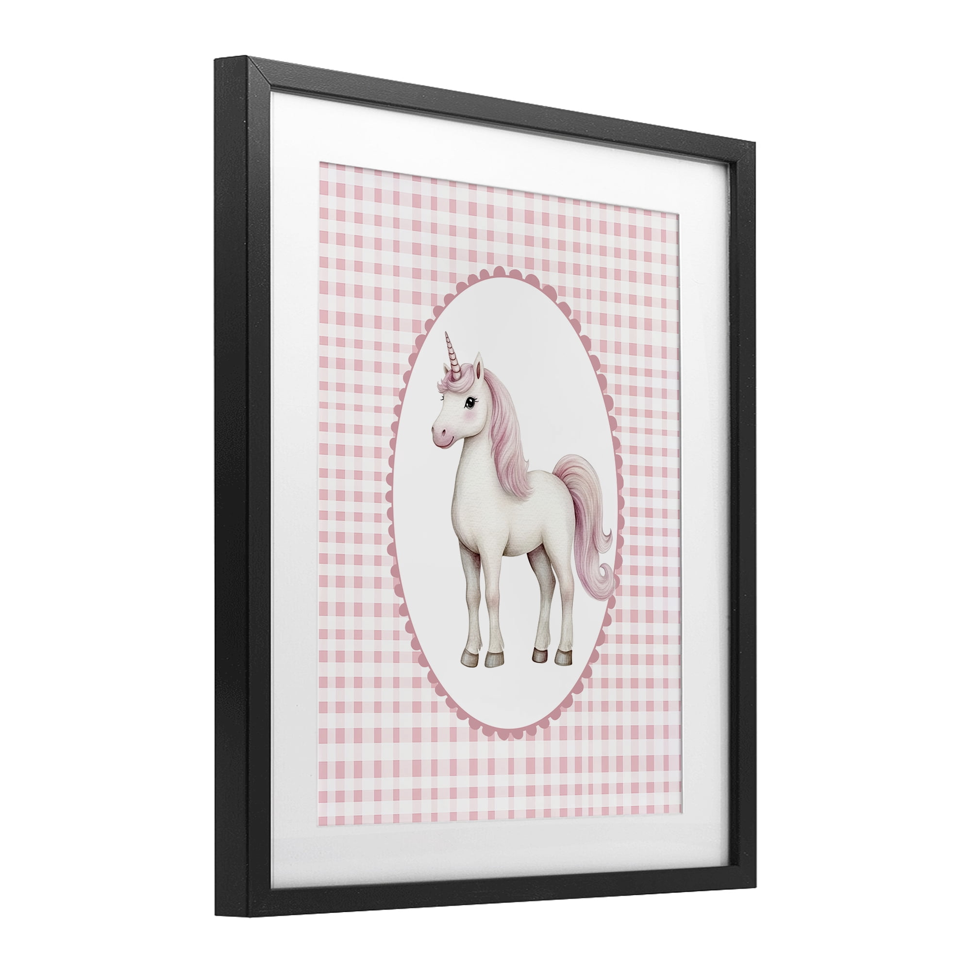 Stupell Industries Pink Gingham Unicorn Black Framed Print Under Glass, design by Christine Simpson Art