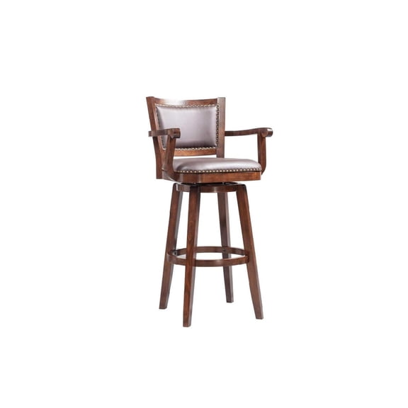 Faux Leather Barstool with Wooden Arms - Dark Brown Swivel Stool