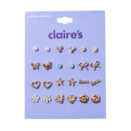 Claire's Gold "Love", Butterfly, Flower, and Faux Gemstone Stud Earring Set, 12-Pairs, Children's