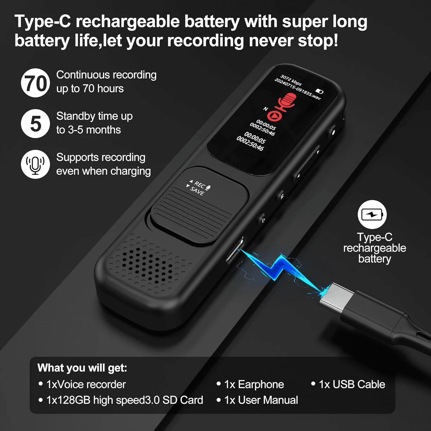 128GB Digital Voice Recorder with App, 3072kbps Portable Voice Recorder with Transcription and Summary, Recording Device with Playback