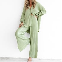 QUYUON Womens Two Piece Outfits Pleated Wide Leg Pants Sets 2 Piece Outfits Sets Long Sleeve Button-Down Blouse and Pants Set Casual Loose Fit Long Pants Trousers Lounge Sets with Pockets Mint Green L